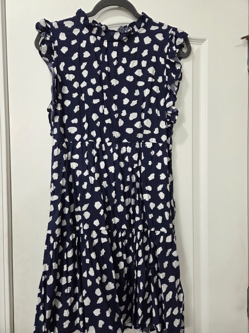 Girls Navy Blue & White Printed Ruffle Sleeve Dress